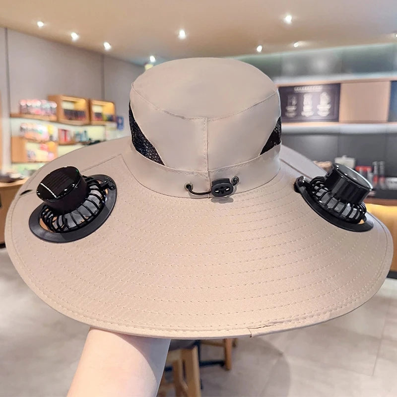 2025 Wide Brim Solar Fan Hat Sun Protection with Dual Power (Solar USB) Adjustable Outdoor Beach Hike Fishing Hat for Men Women