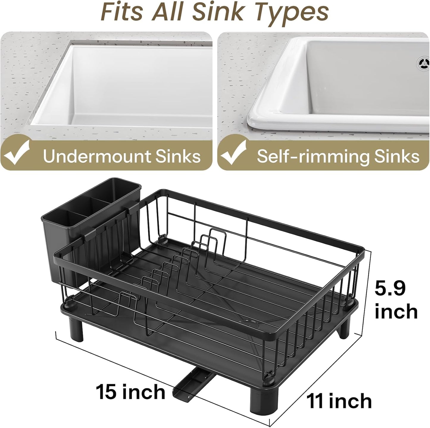 Dish Drying Rack - Small Dish Rack for Kitchen Counter, Stainless Steel Dish Drainer with Utensil Holder and Drainboard, 11" W X 15" L (Black)