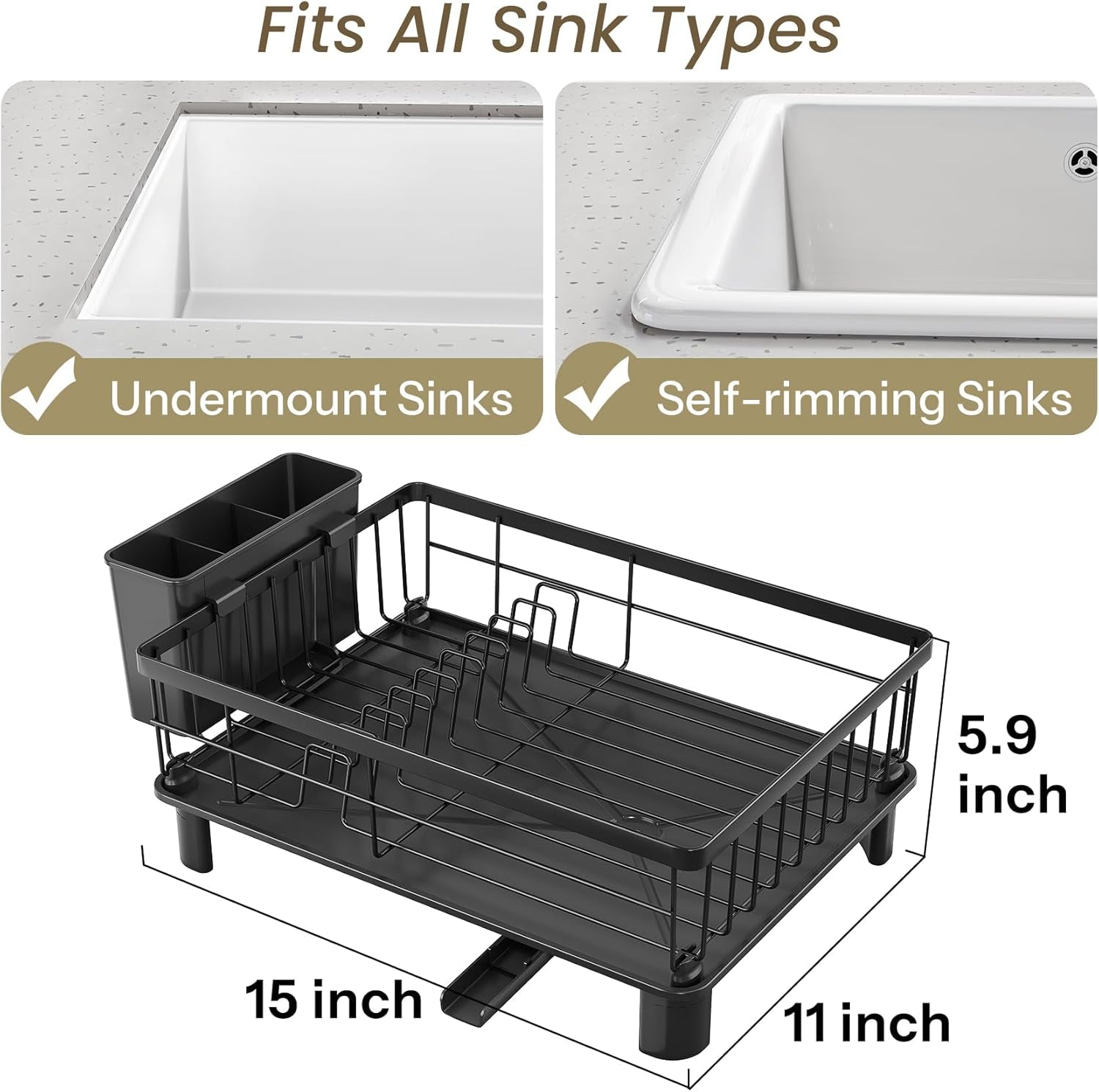 Dish Drying Rack - Small Dish Rack for Kitchen Counter, Stainless Steel Dish Drainer with Utensil Holder and Drainboard, 11" W X 15" L (Black)