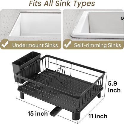 Dish Drying Rack - Small Dish Rack for Kitchen Counter, Stainless Steel Dish Drainer with Utensil Holder and Drainboard, 11" W X 15" L (Black)