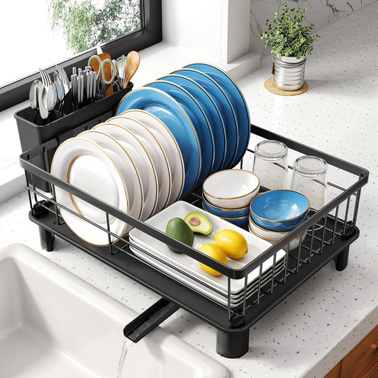 Dish Drying Rack - Small Dish Rack for Kitchen Counter, Stainless Steel Dish Drainer with Utensil Holder and Drainboard, 11" W X 15" L (Black)