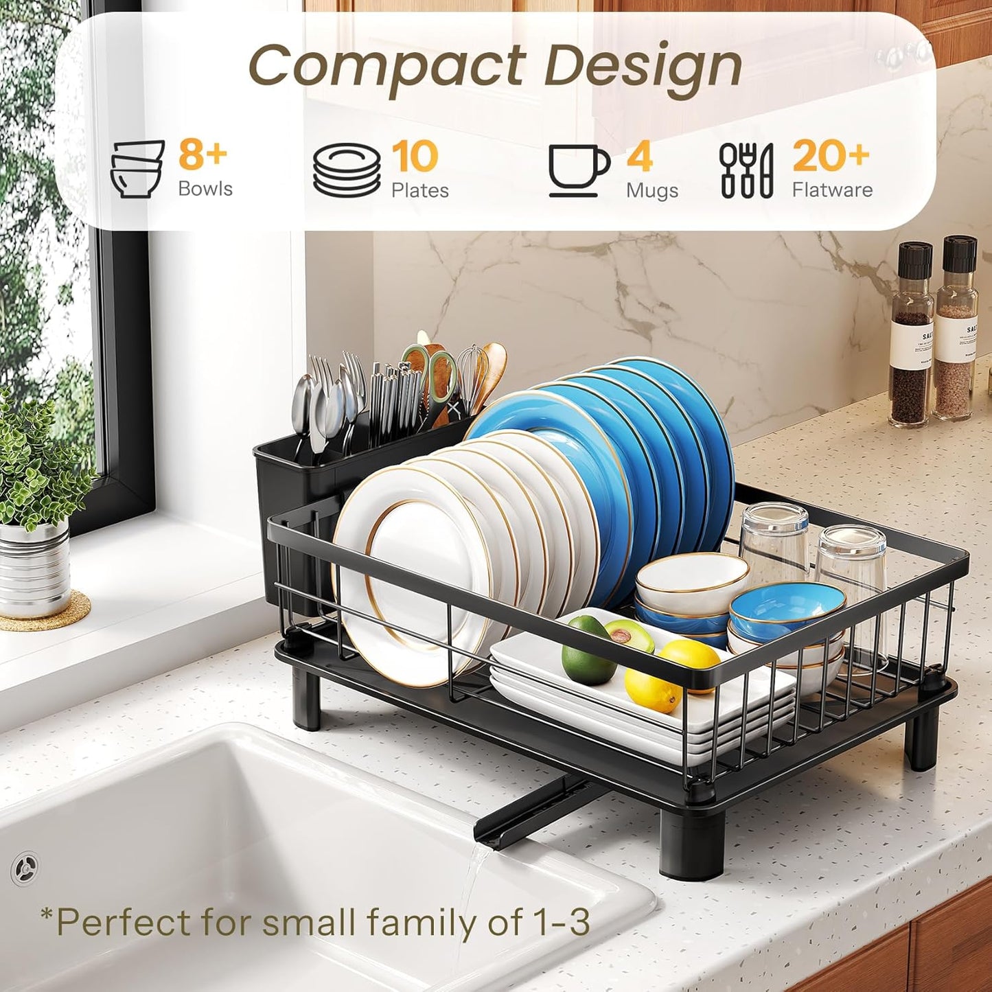 Dish Drying Rack - Small Dish Rack for Kitchen Counter, Stainless Steel Dish Drainer with Utensil Holder and Drainboard, 11" W X 15" L (Black)