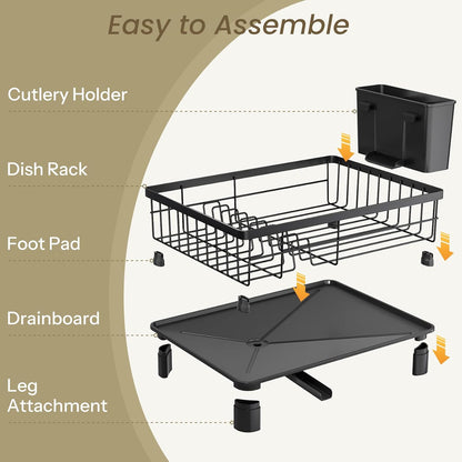 Dish Drying Rack - Small Dish Rack for Kitchen Counter, Stainless Steel Dish Drainer with Utensil Holder and Drainboard, 11" W X 15" L (Black)
