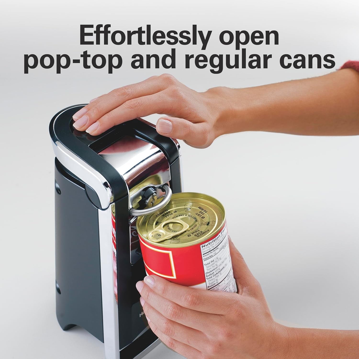 Smooth Touch Electric Automatic Can Opener with Easy Push down Lever, Eliminates Sharp Edges, Opens All Standard-Size and Pop-Top Cans, Extra Tall, Black and Chrome (76606AG)