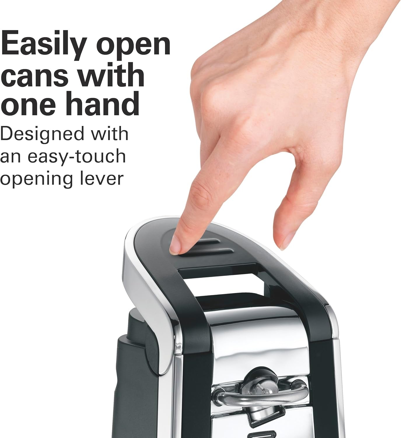 Smooth Touch Electric Automatic Can Opener with Easy Push down Lever, Eliminates Sharp Edges, Opens All Standard-Size and Pop-Top Cans, Extra Tall, Black and Chrome (76606AG)