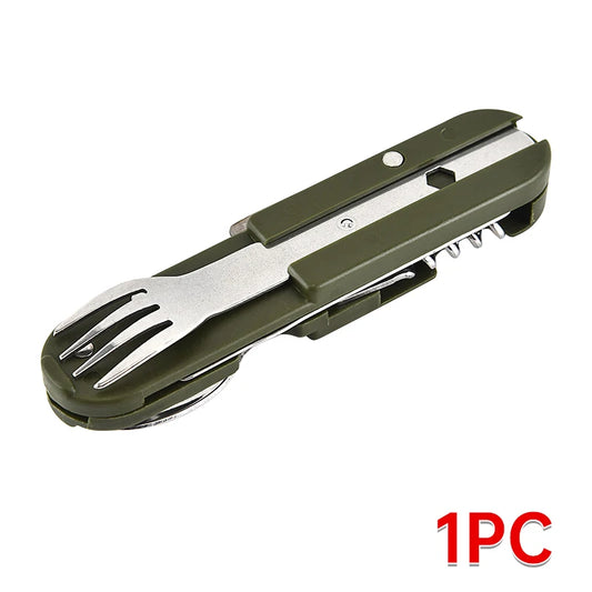 7 in 1 Camping Gear Portable Stainless Steel Spoon Fork Knife and Bottle Opener Combination Set Travel, Backpack Style Tableware