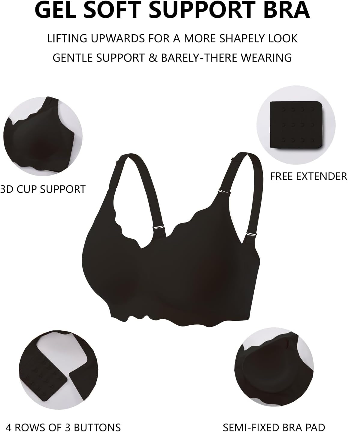 Women’s Seamless Jelly Push-Up Bralette – Wireless Scalloped T-Shirt Bra, Soft Comfort Everyday Wear