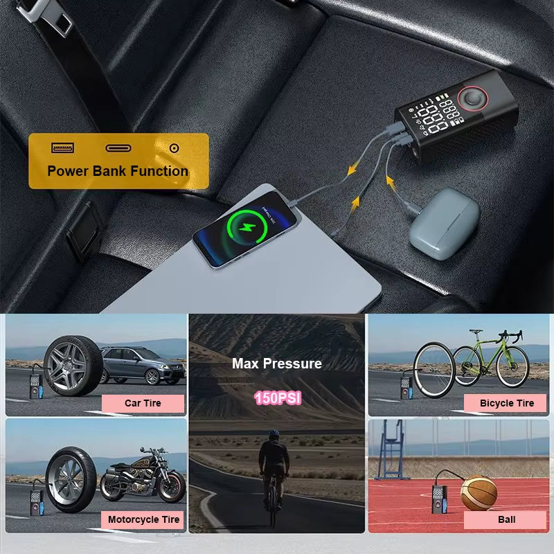 LEIBOO 150PSI Smart Air Pump Tire Inflator Portable Air Compressor with Digital Pressure Gauge for Car Bike Motorcycle Ball