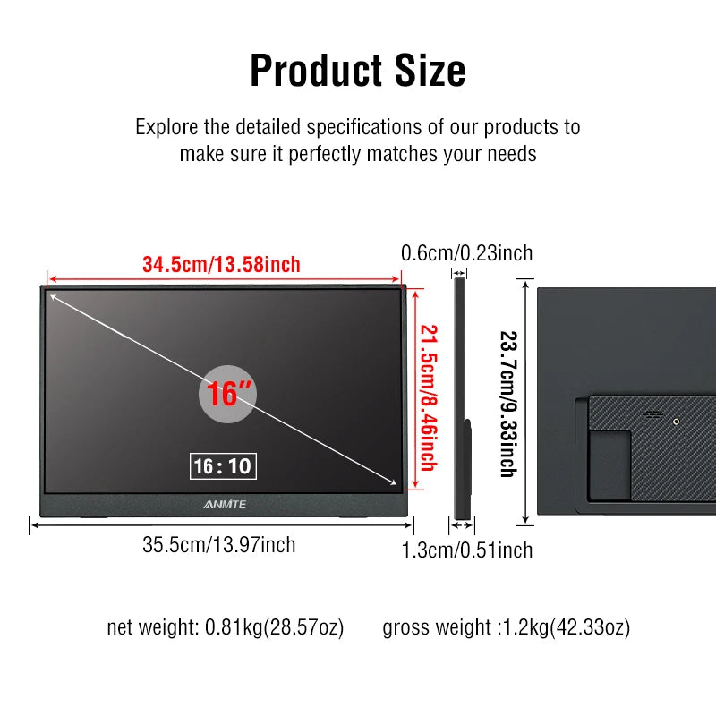 16-Inch 1200P HDR Portable Monitor, 16:10 Touch/Non-Touch, Compatible with Xbox, PlayStation, Switch, Smartphone, and PC/Laptop