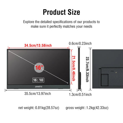 16-Inch 1200P HDR Portable Monitor, 16:10 Touch/Non-Touch, Compatible with Xbox, PlayStation, Switch, Smartphone, and PC/Laptop