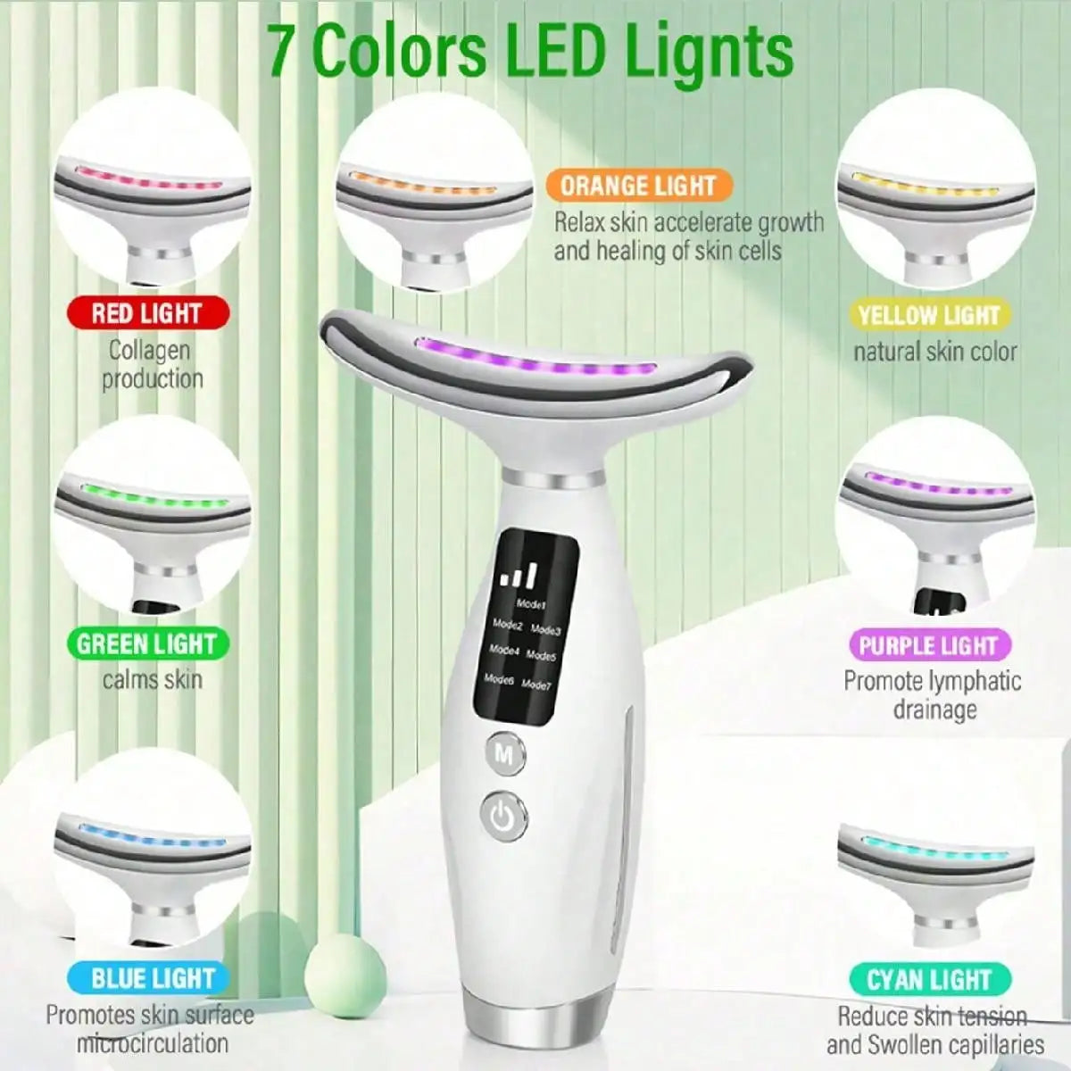 Colour Light Face and Neck Beauty Instrument 7 Modes and 7 Speeds Adjustment with Curved Hand Grip Neck Beauty Instrument