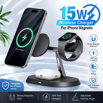 3 in 1 Magnetic Wireless Charger Stand for Magsafe Iphone 16/15/14/13/12 Apple Watch 8/7 & Airpods Pro Fast Charging Station