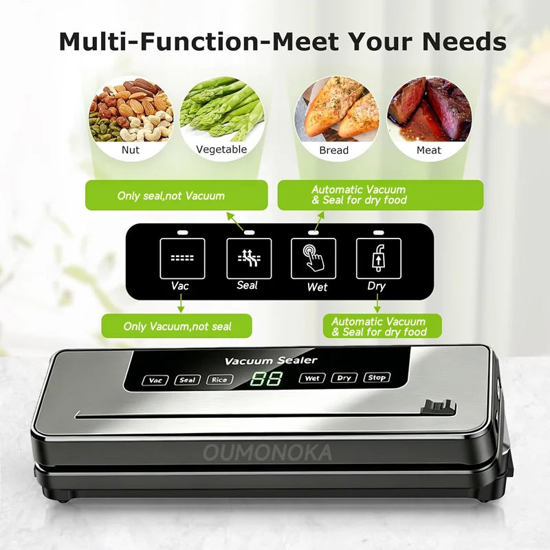 Electric Vacuum Packaging Machine Food Storage Seal Touch Button Dry/Wet Built-In Cutter Kitchen Food Sealing Vacuum Sealer