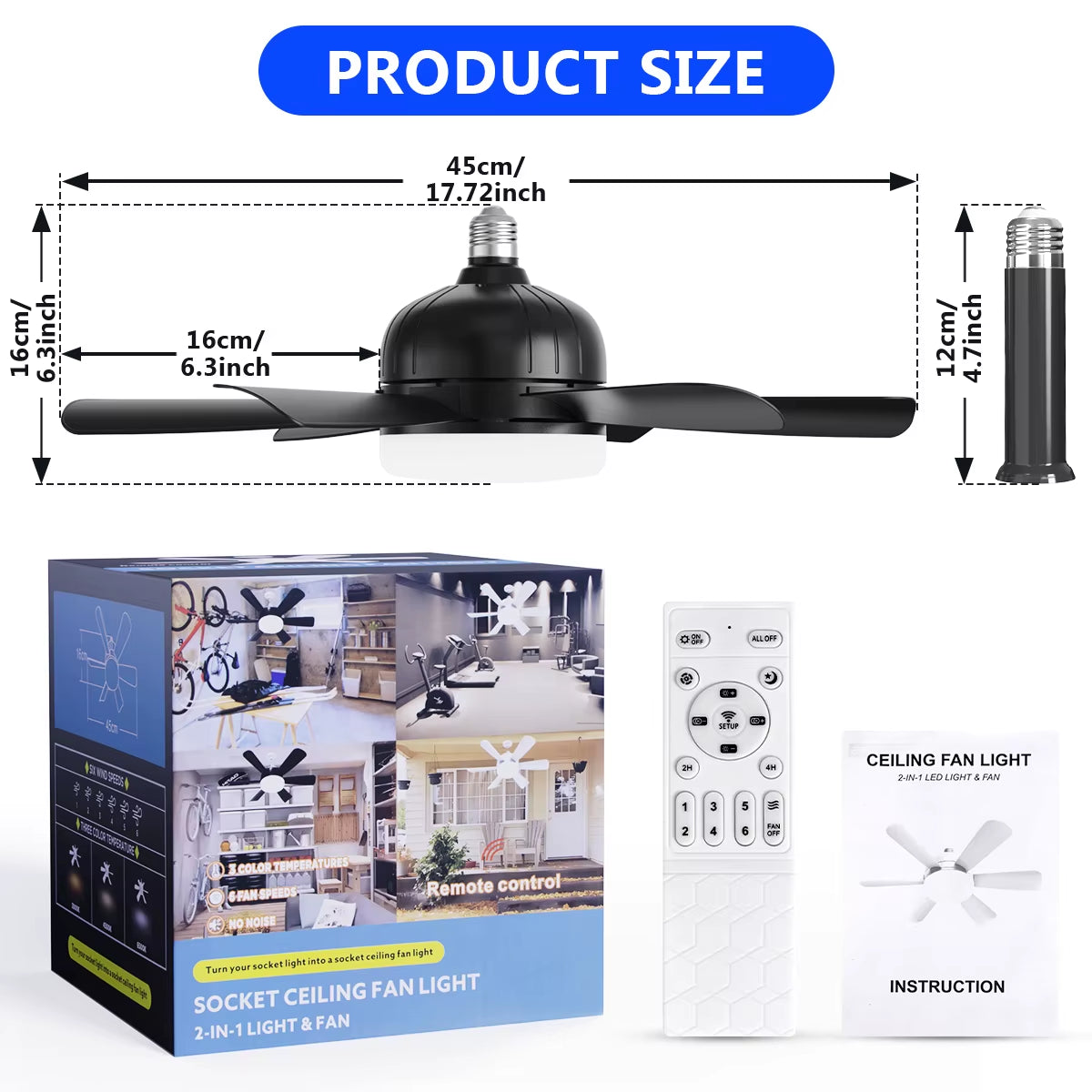 2-IN-1 Socket Fan Lights with Remote, Timing Funtion, 3 Color Temperature&6 Speeds, E26/E27 Bulb Ceiling Fans Lamps for Room