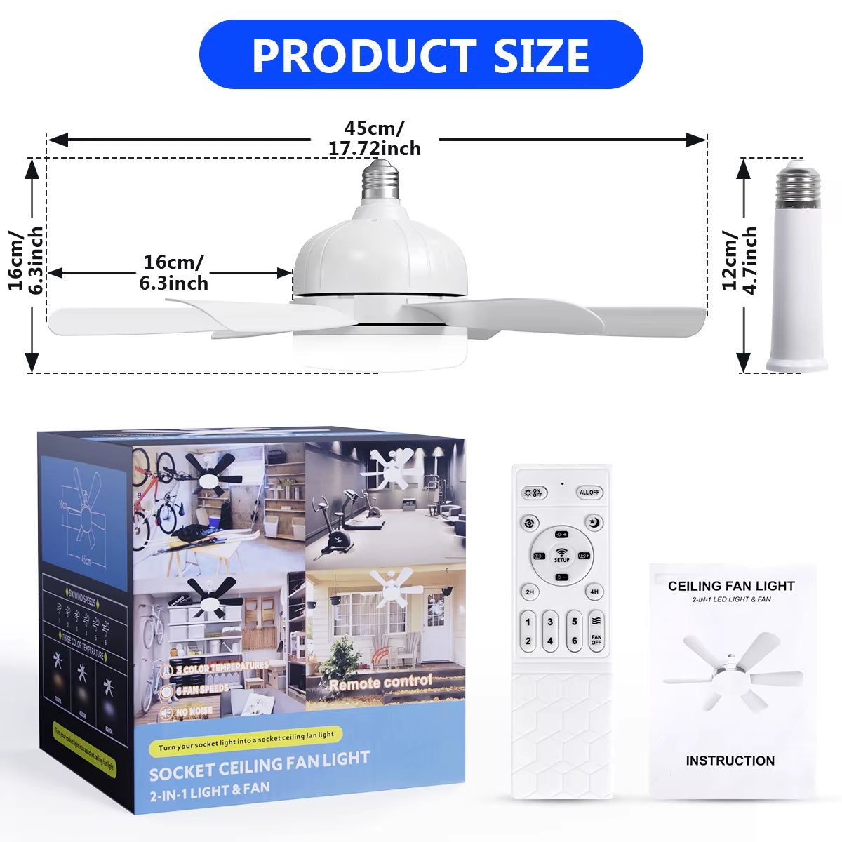 2-IN-1 Socket Fan Lights with Remote, Timing Funtion, 3 Color Temperature&6 Speeds, E26/E27 Bulb Ceiling Fans Lamps for Room